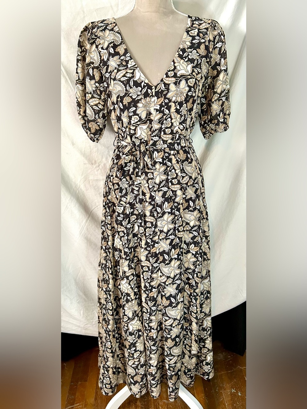 Boden Retro Brown, Cream Floral Belted Cotton Midi Dress, Size 6